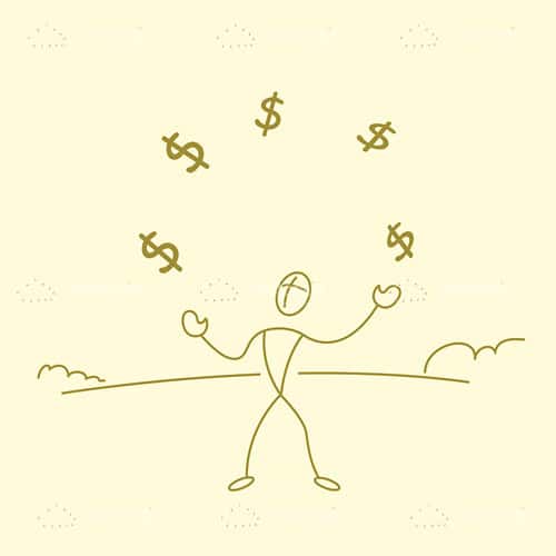 Man Juggling with Dollar Symbols in Sketch Style
